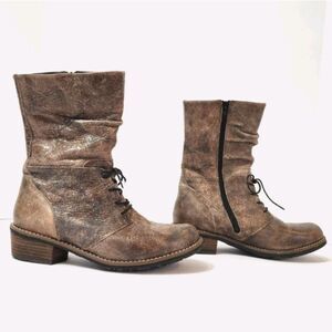 Wolky Taupe Leather Mid Calf Heeled Boots Lace Up Side Zip Size 38